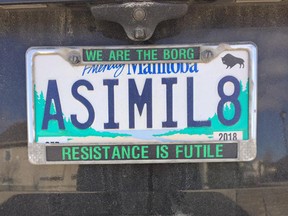 Nick Troller's 'ASIMIL8' Manitoba licence plate that was rejected by the MPI is seen in this Facebook photo. (Facebook/Nick Troller)