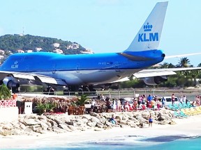 A screen grab taken from video shot near Maho Beach, St. Maarten in 2014 shows how close the runway is to the water. (Kai A. Hortmann)