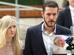 Connie Yates and Chris Gard, parents of critically ill baby Charlie Gard (inset), arrive at the Royal Courts of Justice in London. Thursday July 13, 2017.  (Jonathan Brady/PA via AP/Family of Charlie Gard via AP)