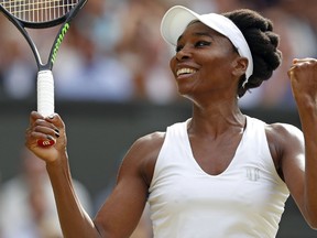 Venus Williams celebrates beating Johanna Konta during the Wimbledon Championships at The All England Lawn Tennis Club in Wimbledon on July 13, 2017. (ADRIAN DENNIS/Getty Images)