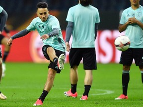 Ajax’s Abdelhak Nouri kicks a ball during a training session at the Friends Arena in Stockholm, Sweden, on Tuesday, May 23, 2017. (AP Photo/Martin Meissner/File)