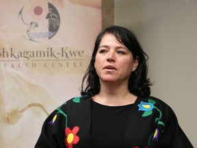 Angela Recollet, executive director of the Shkagamik-Kwe Health Centre, makes a point during a funding announcement for two Aboriginal midwives for the centre in Sudbury, Ont. on Thursday February 16, 2017. John Lappa/Sudbury Star/Postmedia Network
