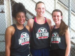 Claudia Pellerin (left), Emelie Lafond and Delaney Bourget of the Sudbury Jam U16 squad impressed at the U16 Elite League All-Star Game recently. Supplied photo