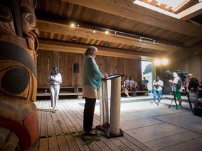 Marion Buller, Chief Commissioner of the National Inquiry into Missing and Murdered Indigenous Women and Girls, speaks during a news conference at Haida House at the Museum of Anthropology, in Vancouver on Thursday, July 6, 2017. THE CANADIAN PRESS/Darryl Dyck