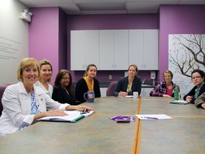 Members of a roundtable discussion hosted by MPP Laurie Scott, far left, at the Sexual Assault Centre Kingston on Elliott Avenue on Thursday. (Steph Crosier/The Whig-Standard)