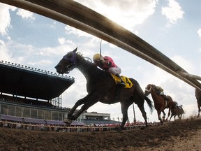 Rico Walcott (4) rides Annie's Candy to a win during the Edmonton Journal Handicap at Northlands Park in Edmonton, Alta. on Saturday, May 27, 2017. Northlands is holding the 32nd running of the Count Lathum on Saturday, July 15, 2017.