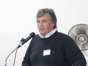 Gary Medwid, president of International Wood Industries, speaks Thursday during a news conference about the company's proposed sawmill operation in Bonfield. (Gord Young/The Nugget)