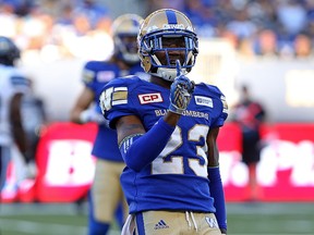 Blue Bombers defensive back T.J. Heath gives Toronto’s offence the no-no. The former Argonaut made a huge pick late in the fourth quarter to put the game on ice for Winnipeg. (Kevin King/Winnipeg Sun)