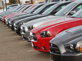 In this Sunday, Jan. 20, 2013, file photo, a line of unsold 2013 Chargers sits at a Dodge dealership in Littleton, Colo.(AP Photo/David Zalubowski)