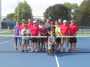 The St. Thomas special athletes tennis program runs every Thursday from 6 to 7 p.m. at the Pinafore Park tennis courts. Front, Scott Pozeg. First row, from left, Isaiah Waller-Gordon, Jannette Popp, Diego Alban, Gabriel Dala, Alexander Reith, Jim Parkins and John Laing. Second row, Matt Dimbleby, Rahim Jamani and Kim Levitsky-Spearman. Back row, Nina Scott, Ron Spearman, Tom Ewer, Michael Hutchingame and Brent Sifton. (Laura Broadley/Times-Journal)
