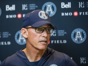 Toronto Argonauts head coach Marc Trestman talks to media after the Toronto Argonauts held a walkthrough at York University in Toronto, Ont. on Thursday June 29, 2017. (Ernest Doroszuk/Toronto Sun/Postmedia Network)