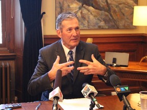 Premier Brian Pallister tells reporters in Winnipeg on Friday, July 14, 2017 that the federal government's timeline to legalize marijuana is far too short and Manitoba currently risks a scenario where legal sales must compete with the illegal drug market. JOYANNE PURSAGA/Winnipeg Sun/Postmedia Network