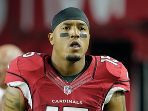 In this Sept. 11, 2016, file photo, Arizona Cardinals wide receiver Michael Floyd (15) looks on during an NFL football game against the New England Patriots, in Glendale, Ariz. Floyd was arrested early Monday, Dec. 12, 2016, in Scottsdale, Ariz., on charges of driving under the influence and failure to obey a police officer. (AP Photo/Rick Scuteri, File)