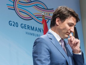 Prime Minister Justin Trudeau pauses while speaking to the media during his closing news conference at the G20 summit Saturday, July 8, 2017 in Hamburg, Germany.THE CANADIAN PRESS/Ryan Remiorz