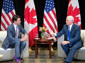 Prime Minister Justin Trudeau meets with American Vice-President Mike Pence at the National Governor's Association (NGA) Special Session - Collaborating to Create Tomorrow's Global Economy, in Providence, R.I., Friday, July 14, 2017. THE CANADIAN PRESS/Ryan Remiorz