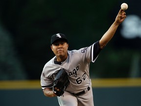 In this July 8, 2017, file photo, Chicago White Sox starting pitcher Jose Quintana delivers against the Colorado Rockies in the first inning of a baseball game, in Denver. The Chicago Cubs acquired left-handed pitcher Jose Quintana from the Chicago White Sox for outfielder Eloy Jimenez, right-handed pitcher Dylan Cease, and infielders Matt Rose and Bryant Flete, Thursday, July 13, 2017. (AP Photo/Joe Mahoney, File)