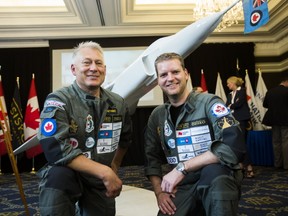 John Burzynski, President and CEO of Osisko Mining Inc. (left) and David Shea, VP of Engineering, Kraken Sonar, pose for a photo at the Raising the Arrow official launch event at the Royal Canadian Military Institute in Toronto on Friday, July 14, 2017. Osisko Mining Inc. is a participating sponsor in the search for and recovery of nine Avro Arrow free flight models launched over Lake Ontario in series of tests from 1954 to 1957. Kraken Sonar Inc. will use its sonar technology. (Ernest Doroszuk/Toronto Sun)