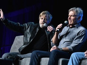 Mark Hamill (L) and Harrison Ford (R) attend the Star Wars Celebration on April 13, 2017 in Orlando, Florida. (Photo by Gustavo Caballero/Getty Images