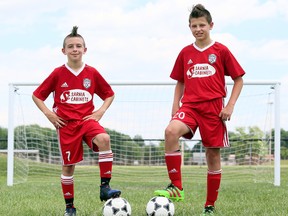 Kieran Maddock, left, and Tyler Hopwood of the Sarnia Football Club are playing in the Gothia Cup youth soccer tournament in Gothenburg, Sweden. (MARK MALONE/Postmedia Network)