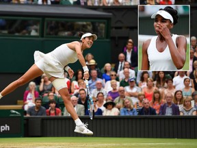 Garbine Muguruza of Spain serves during the Ladies Singles final against Venus Williams (inset) of The United States on day twelve of the Wimbledon Lawn Tennis Championships at the All England Lawn Tennis and Croquet Club at Wimbledon on July 15, 2017 in London, England.  (Shaun Botterill/Getty Images/Adrian Dennis/AFP/Getty Images)