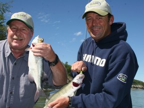 Neil and river guide Keith Rae with a North Saskatchewan double, a goldeye and a walleye