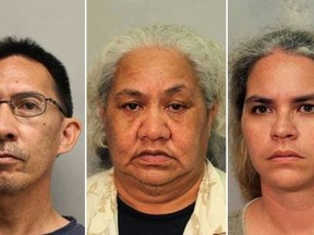 (From left to right) Kevin Lehano, Henrietta Stone and Tiffany Stone are seen in booking photos released by Hawaii Police Department. (Hawaii Police Department via AP)