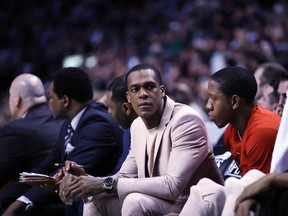 This April 26, 2017 photo shows Chicago Bulls guard Rajon Rondo sitting on the bench during the second quarter of a first-round NBA playoff basketball game in Boston. A person with knowledge of the situation of tells The Associated Press, Saturday, July 15, 2017 that the New Orleans have agreed in principle on a one-year deal with Rajon Rondo. (AP Photo/Charles Krupa)