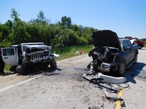 Eight people from Winnipeg were taken to hospital including a female youth who was transported in serious condition following a two-vehicle collision on Highway 59. three kms north of Scanterbury, Man., at around 11:30 a.m., on Saturday, July 15, 2017. RCMP said the initial investigation has determined that a Jeep, driven by a 27 year old male from Winnipeg, was heading south on Highway 59 when it drifted into oncoming traffic and collided with a pick-up truck. The driver of the Jeep along with three passengers, two adult males and one 11 year old male, all from Winnipeg, were taken to hospital with a variety of injuries. All four occupants of the pick-up truck, one adult male, one adult female, one male youth and one female youth, all from Winnipeg, were also taken to hospital including the female youth who was transported in serious condition. An update will be provided once ages are confirmed for all involved in this collision. Alcohol is not considered a factor in this collision and it appears all occupants were wearing seatbelts. Charges are pending against the driver of the Jeep in relation to this collision. Police continue to investigate. HANDOUT/RCMP