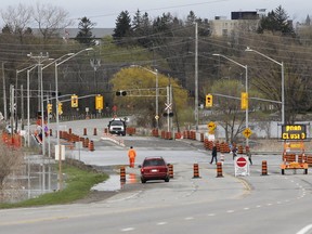 Construction on the Front Road bridge will start again on Monday. The work was halted in May due to high water levels as shown in this May 7 photo. (Julia McKay/The Whig-Standard)
