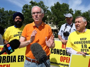 Steve Ashton, Manitoba NDP leadership candidate, speaks with media on the front steps of Concordia Hospital on Sun., July 16, 2017, regarding layoffs involving emergency room physicians. Kevin King/Winnipeg Sun/Postmedia Network