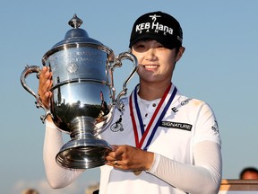 Sung Hyun Park of Korea poses with the trophy after the final round of the U.S. Women's Open on July 16, 2017 at Trump National Golf Club in Bedminster, New Jersey. (Elsa/Getty Images)