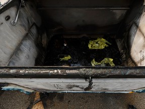 Edmonton police are investigating after fire damaged a recycling bin outside of Talmud Torah School on Saturday in Edmonton, as seen on Sunday, July 16, 2017. Ian Kucerak / Postmedia