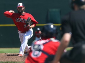 Winnipeg Goldeyes starting pitcher Mikey O'Brien pitches against the Kansas City T-Bones in American Association baseball action at Shaw Park in Winnipeg on Sun., July 16, 2017. Kevin King/Winnipeg Sun/Postmedia Network