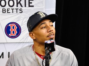 Mookie Betts of the Boston Red Sox and the American League speaks with the media during Gatorade All-Star Workout Day ahead of the 88th MLB All-Star Game at Marlins Park on July 10, 2017 in Miami, Florida. (MARK BROWN/Getty Images)