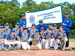 Members of the Kingston Little League Intermediate Colts celebrate their two-game sweep over the East Nepean Eagles in the provincial final on July 13 to qualify for the national finals in Langley, B.C. (Submitted photo/The Whig-Standard)