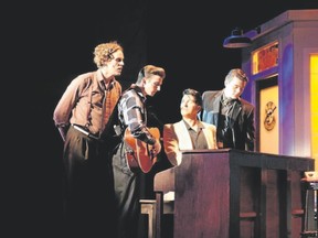 Gerrad Everard, left, Tyler Check, Matt Cage and Maxwell Theodore Lebeuf star in the Tony-winning Million Dollar Quartet, opening at Huron Country Playhouse in preview Wednesday. (John Watson/Special to Postmedia News )