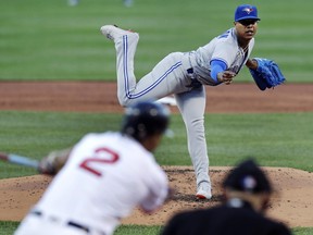 Blue Jays starting pitcher Marcus Stroman gets Red Sox's Xander Bogaerts to chase a pitch for a strikeout during first inning MLB action at Fenway Park in Boston on Monday, July 17, 2017. (Charles Krupa/AP Photo)