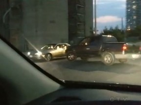 A truck hits a car on Cherry St. on July 17, 2017. (CTV video frame grab)