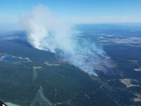 Residents of more than 1,800 properties near 100 mile House have been told they may have to leave with just moments notice as a wind-fanned wildfire grows closer.The Gustafsen wildfire broke out Thursday and quickly grew in size to 12-square kilometres. Photo courtesy of B.C. Wildfire Service.