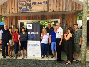 BRUCE BELL/THE INTELLIGENCER
Members of the Military Family Resource Centre (left of banner) and the Walt Family announced plans for the second annual Walt’s Sugar Shack Shindig at the Salem Road facility on Aug. 5.