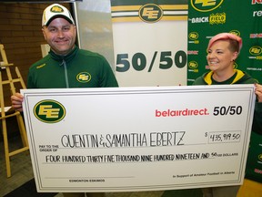 Quentin and Samantha Ebertz are the winners of the Edmonton Eskimos Football Club 50/50 draw from the last home game. The winners took home a jackpot of $435,919.50. LARRY WONG/POSTMEDIA