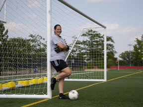 FC London goalkeeper Emily Gillet thought her first year on the women?s soccer team would be her last, but loves the group dynamic. ?It?s really hard to leave, even though my body keeps saying, `You can?t do this anymore.? ? (Derek Ruttan/The London Free Press)
