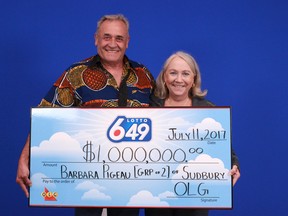 Barbara Pigeau and Denis Bodson of Sudbury have a million reasons to celebrate after winning the guaranteed $1-million prize from the July 5, Lotto 6/49 draw. "We've been playing the lottery as a group for nearly as long as we've known each other," Pigeau said. "We have five children and 10 grandchildren, so this win is amazing for us." The winning ticket was purchased at Shoppers Drug Mart on Long Lake Road in Sudbury.