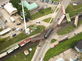 Train derailed in Strathroy west of London, Ont. on Wednesday July 19, 2017. (MIKE HENSEN, The London Free Press)