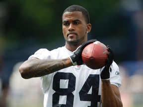 In this July 27, 2009, file photo, Buffalo Bills' James Hardy catches a pas during NFL football training camp at St. John Fisher College in Pittsford, N.Y. (AP Photo/David Duprey, File)