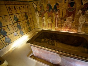 A picture taken on April 1, 2016, shows the golden sarcophagus of King Tutankhamun displayed in his burial chamber in the Valley of the Kings, close to Luxor, 500 kms south of the Egyptian capital Cairo. (MOHAMED EL-SHAHED/AFP/Getty Images)