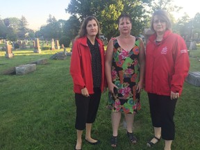 The St. Thomas Cemetery on West Avenue was damaged last Thursday after vandals pushed over multiple headstones and a bench causing about $1,500 worth of damage. St. Thomas Youth Choir will hold a benefit concert on Sunday to help fundraise for the cemetery’s repairs. Choir co-president Karyn Harris-Paschink, cemetery manager Lesley Buchanan and choir treasurer Kim Gadsdon. (Laura Broadley/Times-Journal)