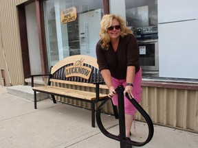 The Lucknow Chamber of Commerce installed bike racks for the public who choose to ride bicycles and the racks have the option of locking your bike up. You'll find the bike racks at various locations through out Lucknow and they are all a part of a healthier lifestyle initiative which benefits everyone and the business community. Connie Jefferson of the Lucknow Chamber of Commerce stands with one of many new bike racks placed around the Lucknow community.