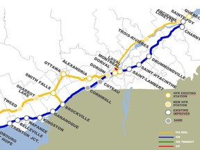 A map shows the proposed route of a new Via Rail line through eastern Ontario, with stops in Tweed, Sharbot Lake and Smiths Falls. (Elliot Ferguson/The Whig-Standard)