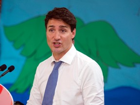 Prime Minister Justin Trudeau speaks to reporters at a news conference while visiting a kids day camp Wednesday, July 19, 2017 in Quebec City. (THE CANADIAN PRESS/Jacques Boissinot)